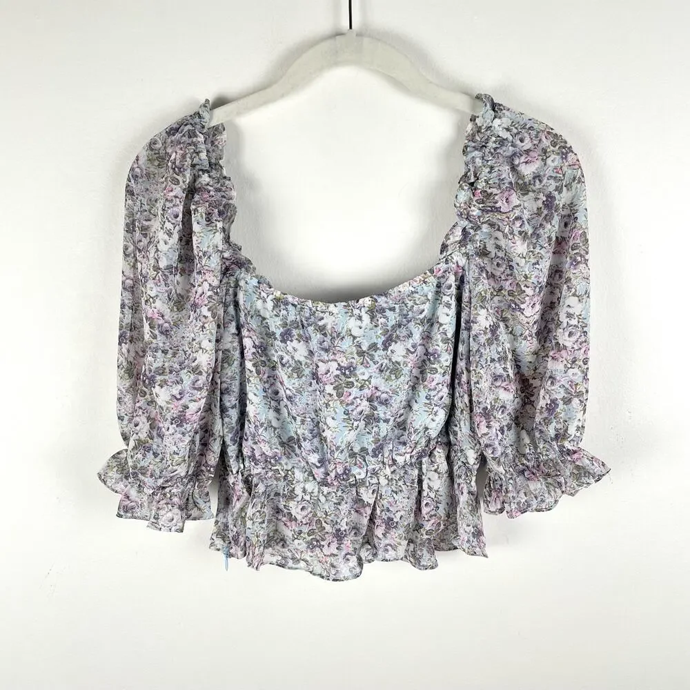 ASTR Floral Puff Sleeve Top Blue Purple Multi Size S Bustier